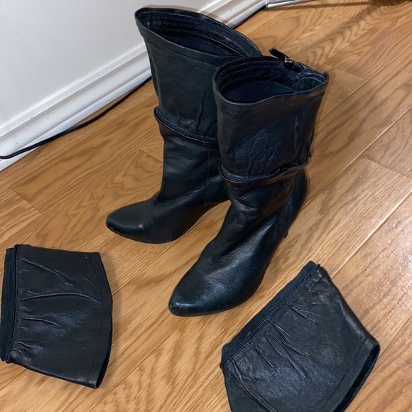 Messeca Black Leather Knee High Tiered Adjustable Heeled Boots 90's  (Size 6.5M) - Picture 6 of 14